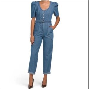 Jessica Simpson Denim Puff Sleeve Jumpsuit Belted V Neck Button Front Wide Leg